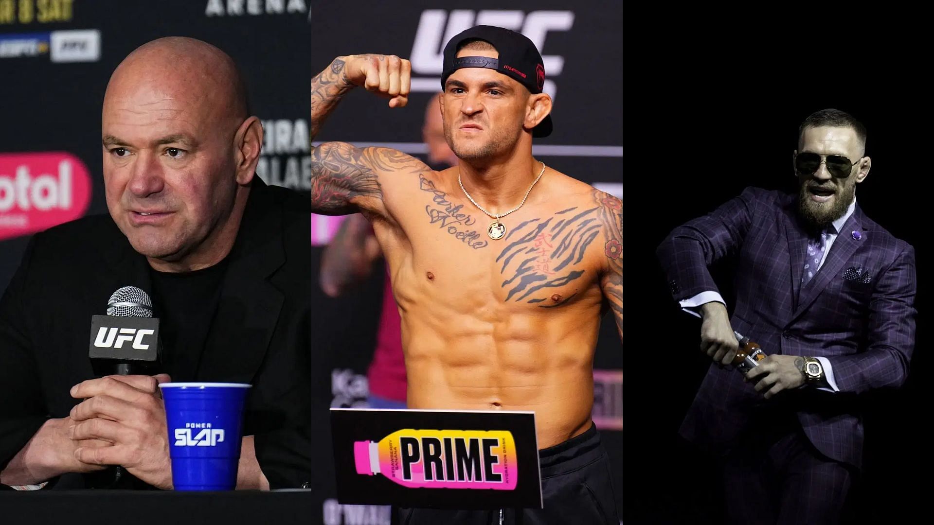 MMA analyst answers if Dana White (left) could use Dustin Poirier (middle) and Conor McGregor