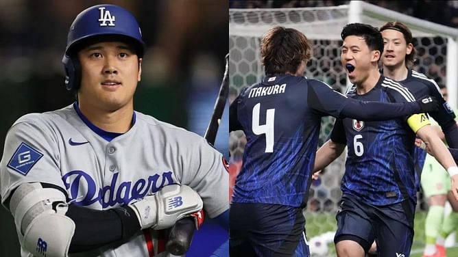 Shohei Ohtani reacts to Japan becoming the first soccer team to qualify for 2026 FIFA World Cup in North America