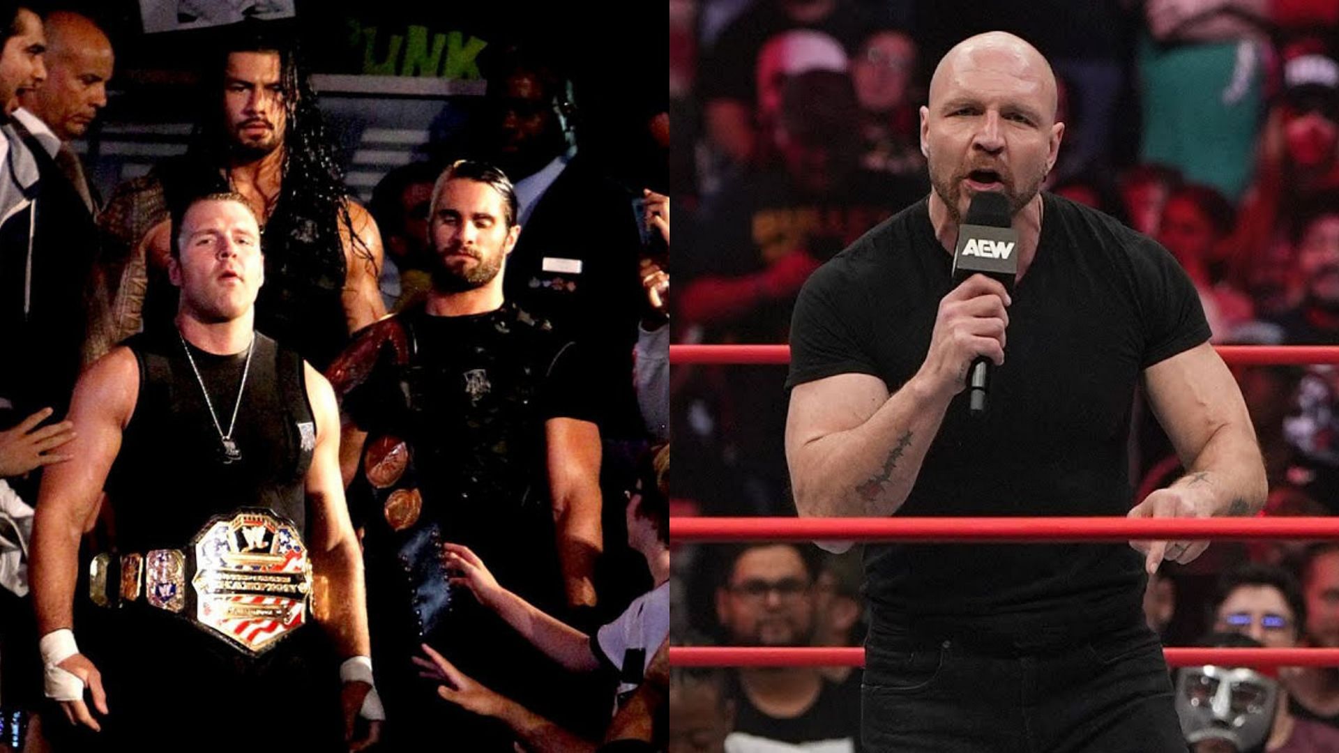 Jon Moxley in WWE (left) and in AEW. (Image credits: wwe.com &amp; AEW YouTube channel)