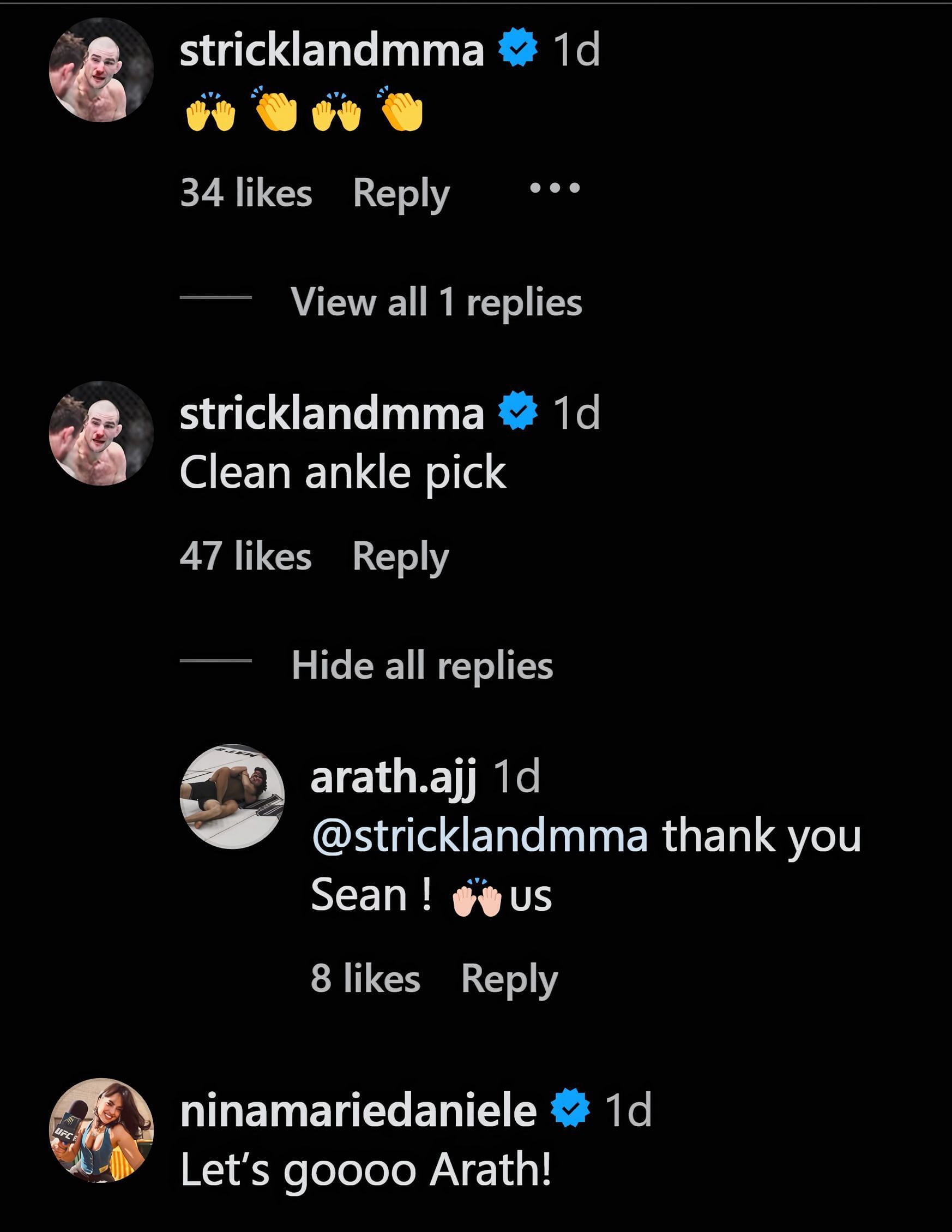 A screenshot of Sean Strickland and Nina-Marie Daniele&#039;s comments