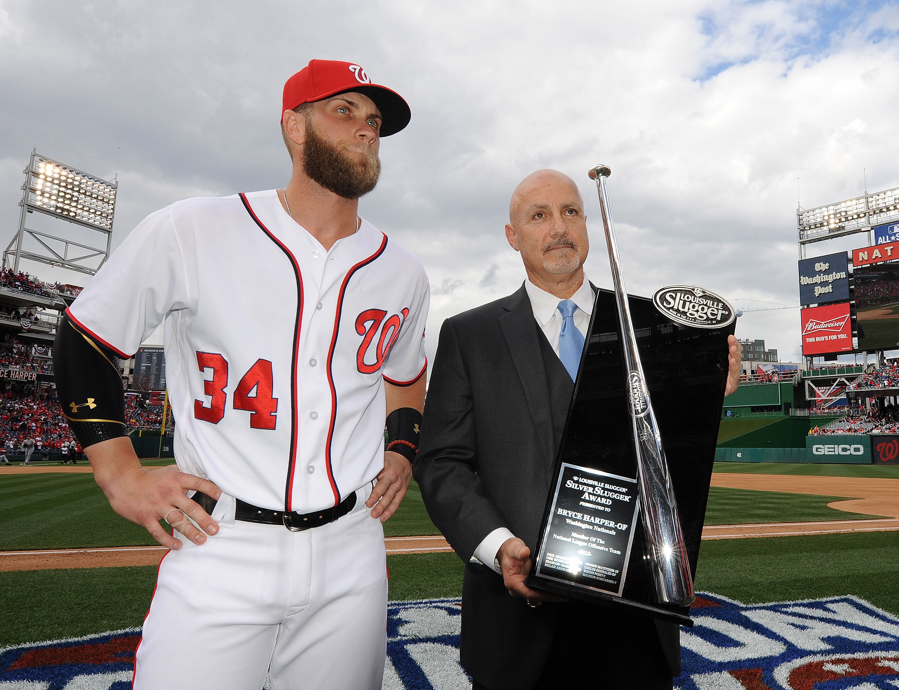 Former Washington Nationals slugger Bryce Harper and Mike Rizzo (Photo via IMAGN)