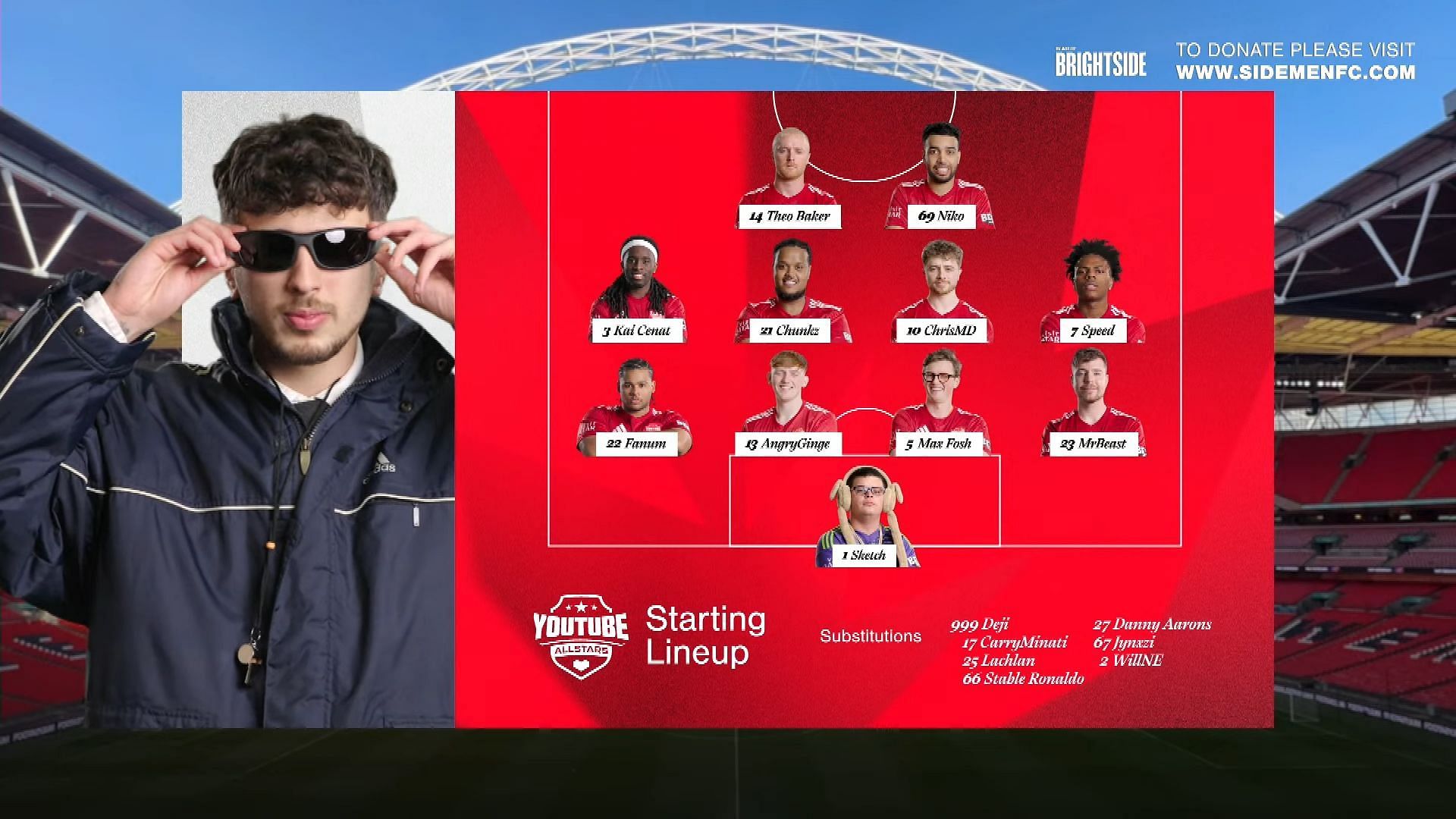 The YouTube Allstars Starting 11 and substitutions (image via Sidemen/YouTube)