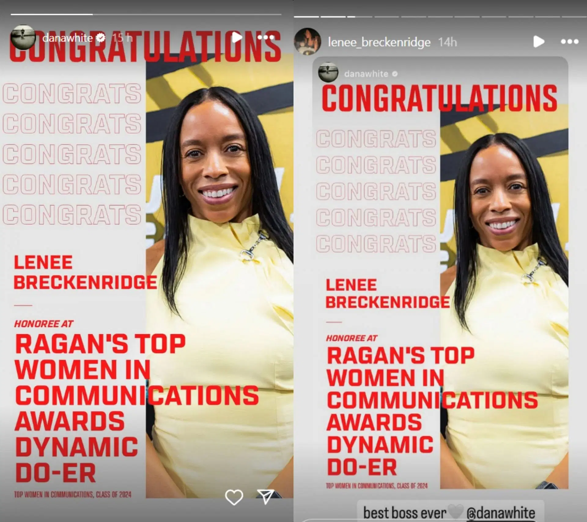 Screenshot of Instagram stories [Image Source - @danawhite, lenee_breckenridge on Instagram]