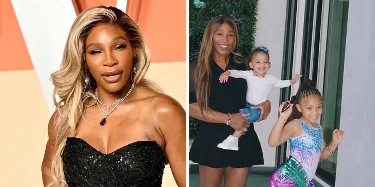 Serena Williams at the 2025 Vanity Fair Oscars Party (left, Source: Getty), Serena Williams with daughters Olympia and Adira River (right, Source: Instagram/serenawilliams)