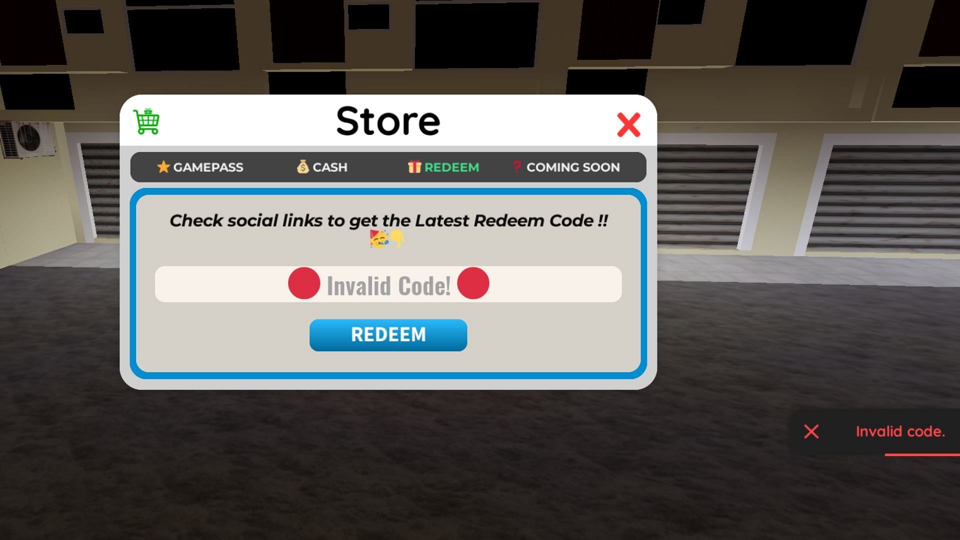 &quot;Invalid Code!&quot; error in Ride Drive Simulator (Image via Roblox)