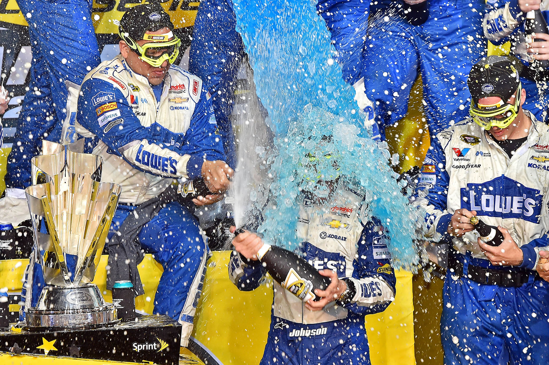 Jimmie Johnson has Gatorade dumped on him after winning the NASCAR Sprint Cup Championship at Homestead-Miami Speedway - Source: Imagn