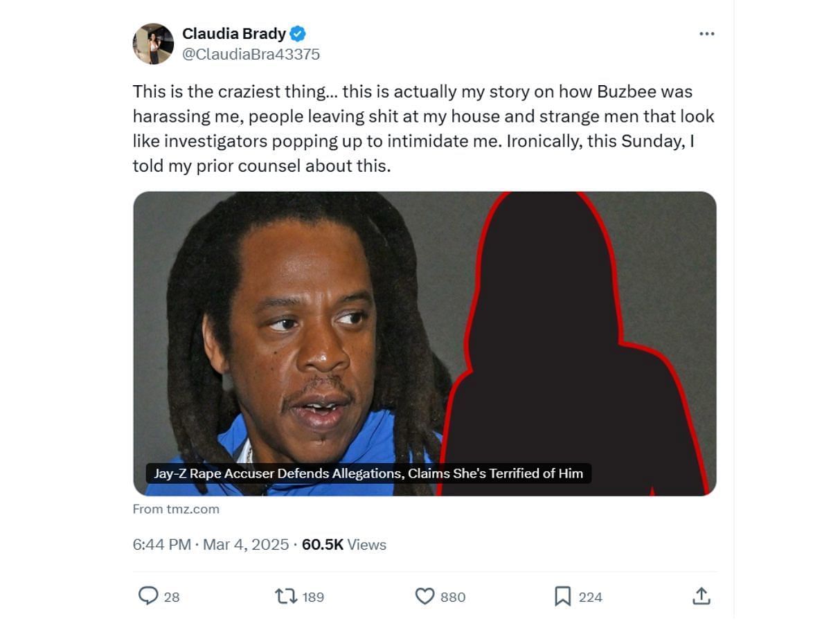 Claudia&#039;s tweet levying claims against Jay-Z&#039;s accuser (Image via X/@ClaudiaBra43375)