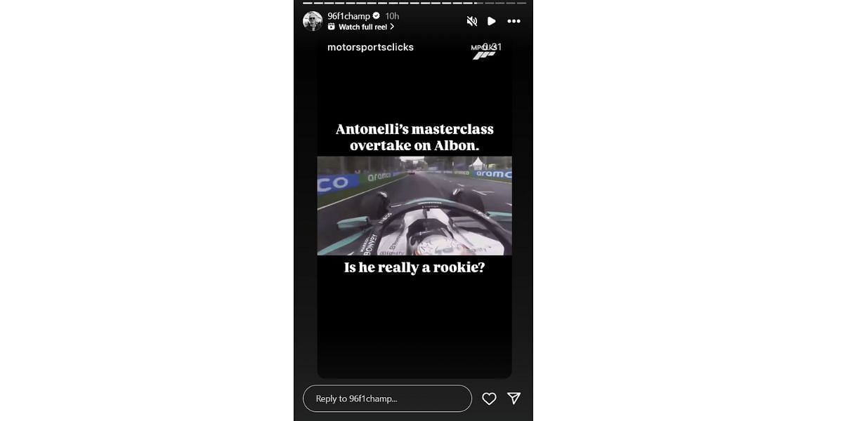 Snapshot of Kimi Antonelli&#039;s overtake on Damon Hill&#039;s Story...Credits-Instagram/96fichamp