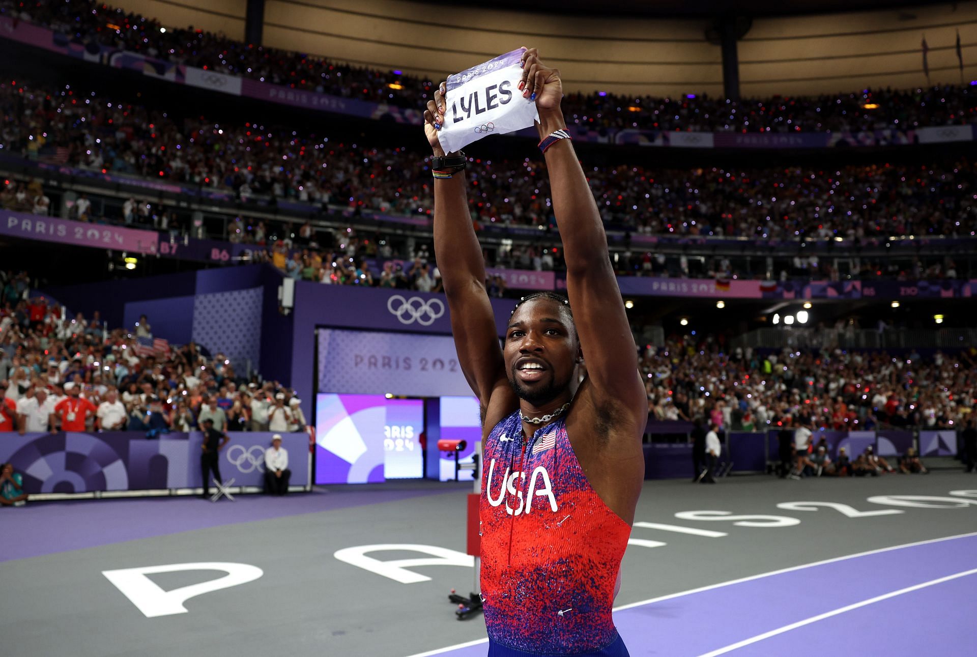 Noah Lyles after winning 100m at Paris 2024 Source: Getty