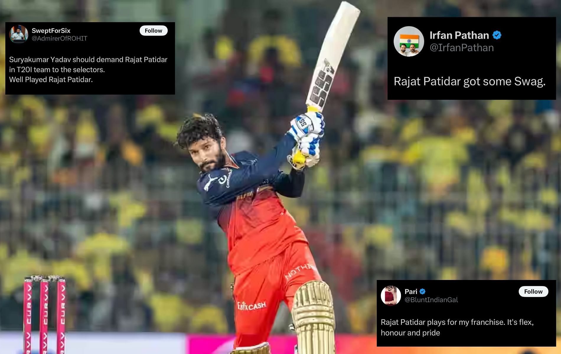 Rajat Patidar hit a fine half-century against CSK. (Pics: iplt20.com/X/@IrfanPathan/@BluntIndianGal/@AdmirerOfROHIT).