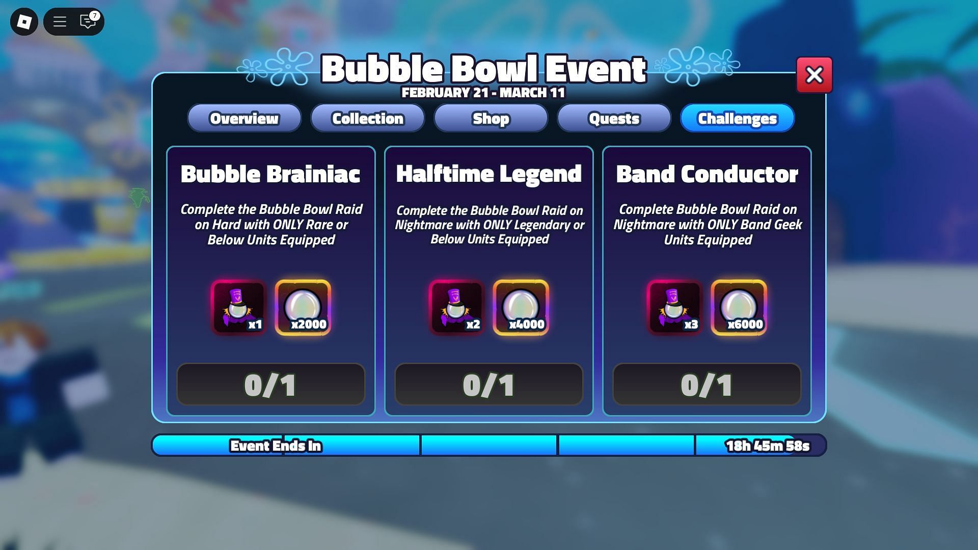 The Bubble Bowl event challenges (Image via Roblox)