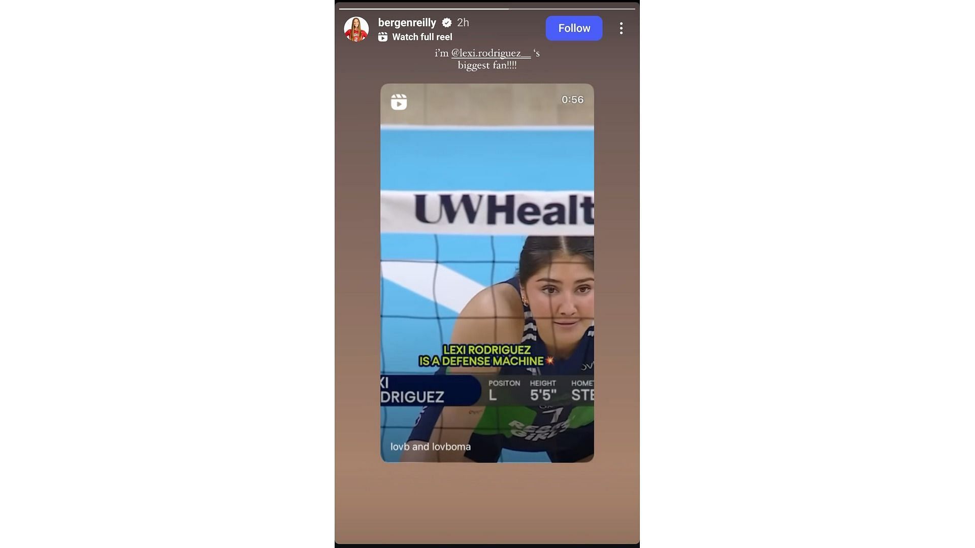 Screenshot of Bergen Reilly&#039;s Instagram story feat her admiration for Lexi Rodriguez (Image via: Reilly&#039;s Instagram)