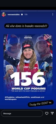 Rennae Stubbs celebrates Mikaela Shiffrin's latest accomplishment - Source: via @rennaestubbs on Instagram