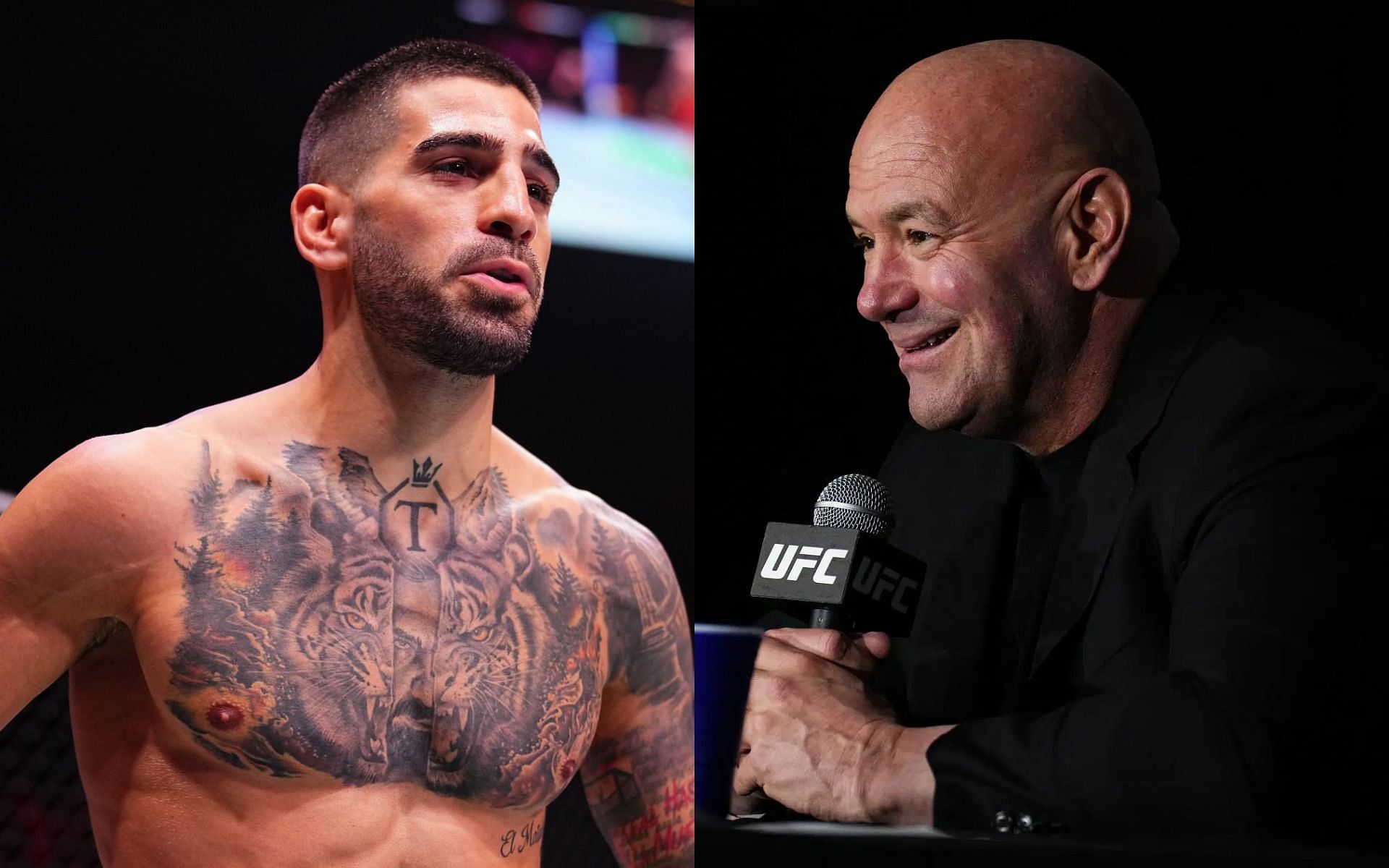 Dana White (right) asks for patience but hints at pending Ilia Topuria (left) fight announcement [Images courtesy: Getty Images]