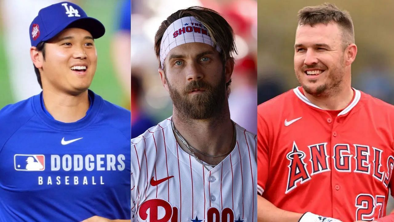 Shohei Ohtani (L), Bryce Harper (C) and Mike Trout (R) (Images from - Getty)