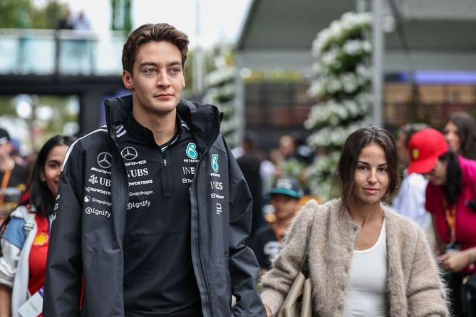 George Russell's girlfriend Carmen Mundt reacts to the driver securing a spectacular front-row start for the 2025 F1 Chinese GP