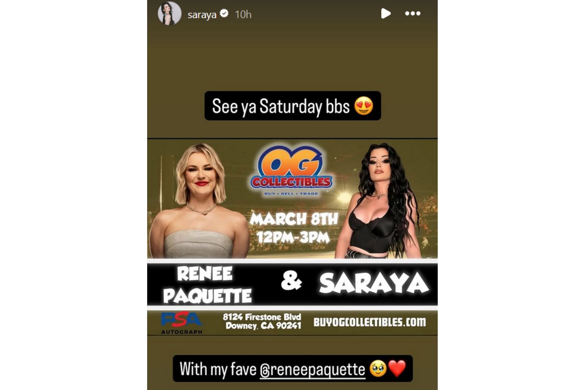 Saraya&#039;s Instagram Story about her upcoming appearance alongside Renee Paquette