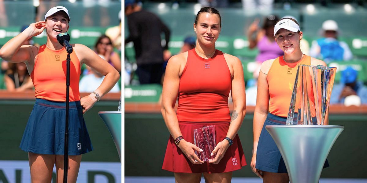 Mirra Andreeva (L) with Aryna Sabalenka (R) during the trophy presentation ceremony at Indian Wells [Image Source: Getty Images]