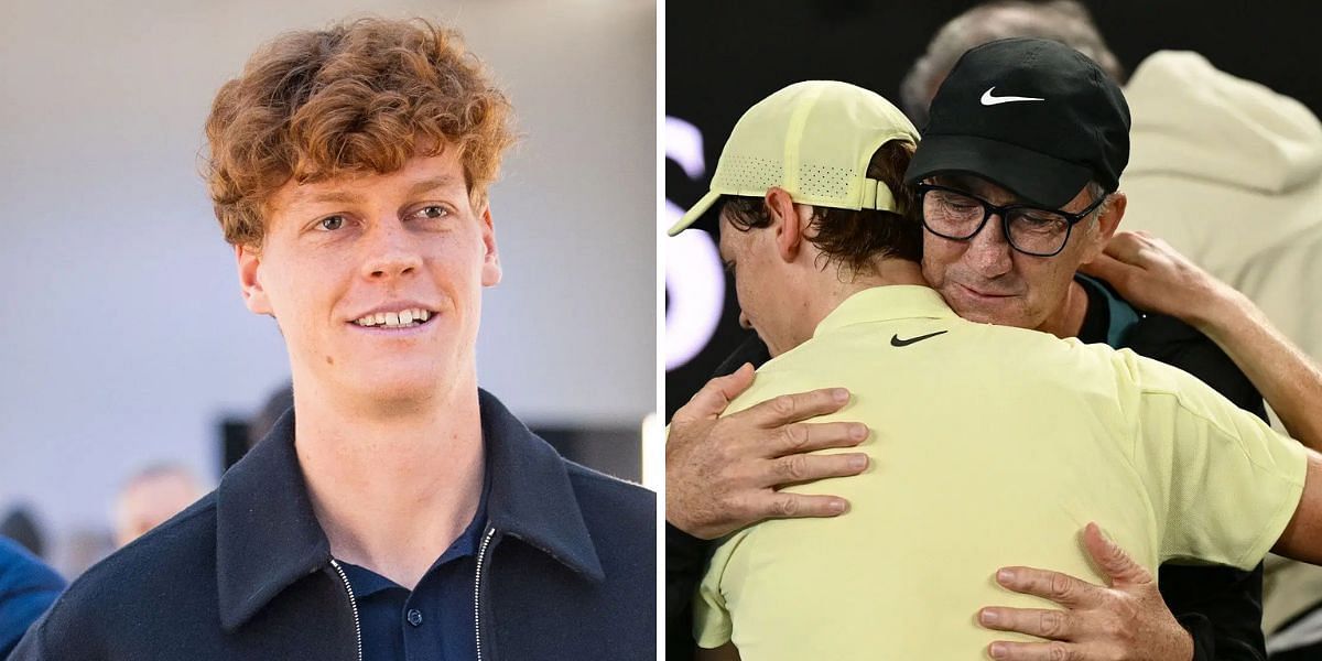 Jannik Sinner (left), Darren Cahill and Jannik Sinner sharing an embrace at the 2025 Australian Open (right), Sources: Getty