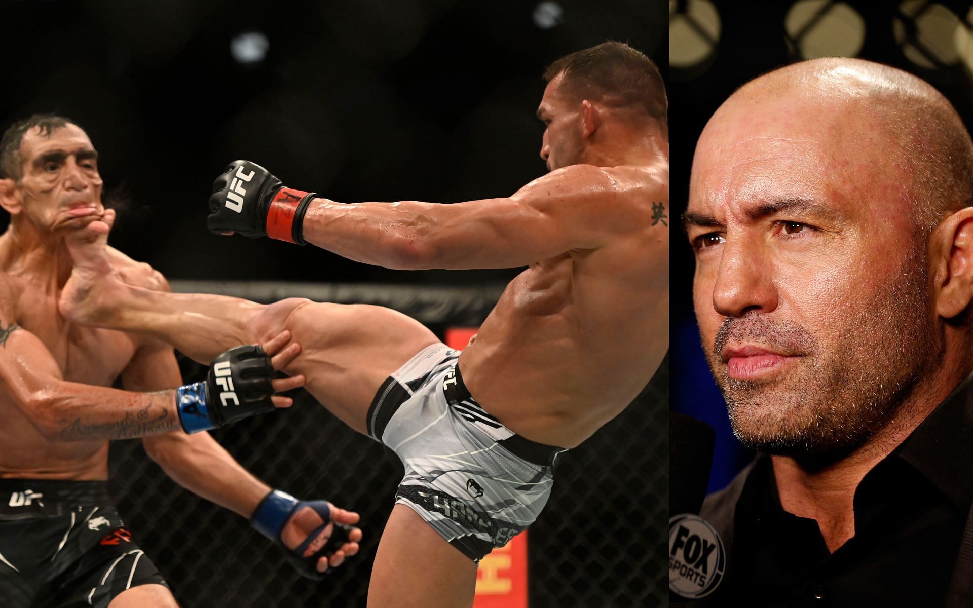 Tony Ferguson (left) responds after Michael Chandler (middle) shares Joe Rogan