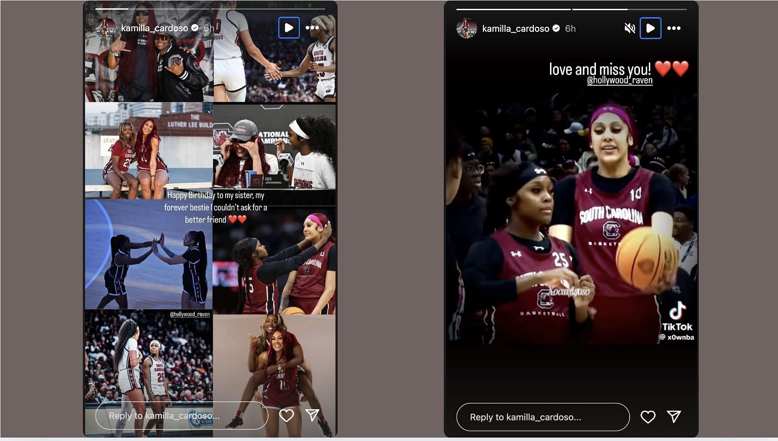 Cardoso reminisced about her friendship with Raven Johnson on her senior day at South Carolina. (instagram/@kamilla_cardoso)