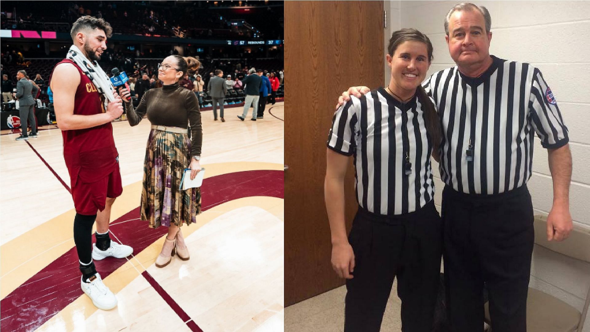 An image of Ty Jerome being interviewed and Natalie Sago with a companion wearing a referee outfit