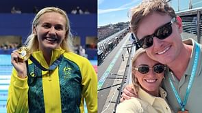 Ariarne Titmus and boyfriend Mack don white outfits as they grace the second day of Australian GP 2025