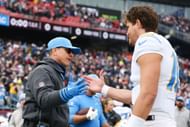 Jim Harbaugj, left, Justin Herbert, right, during Los Angeles Chargers v New England Patriots - Source: Getty