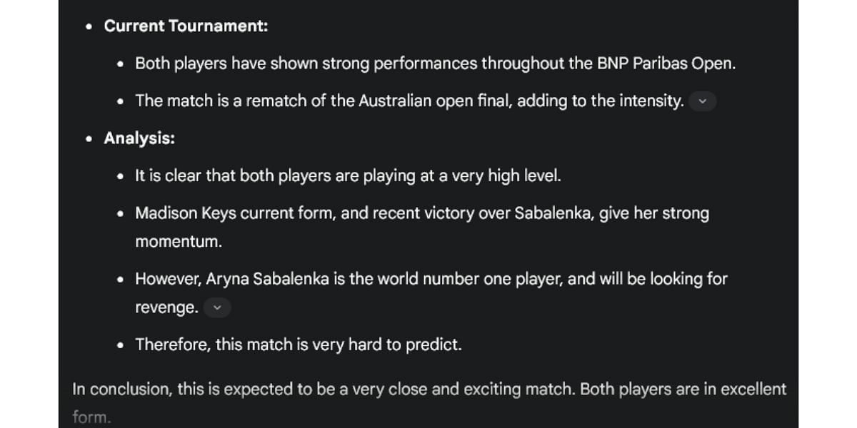 Gemini AI&#039;s prediction for the semifinal match between Aryna Sabalenka and Madison Keys at Indian Wells 2025.