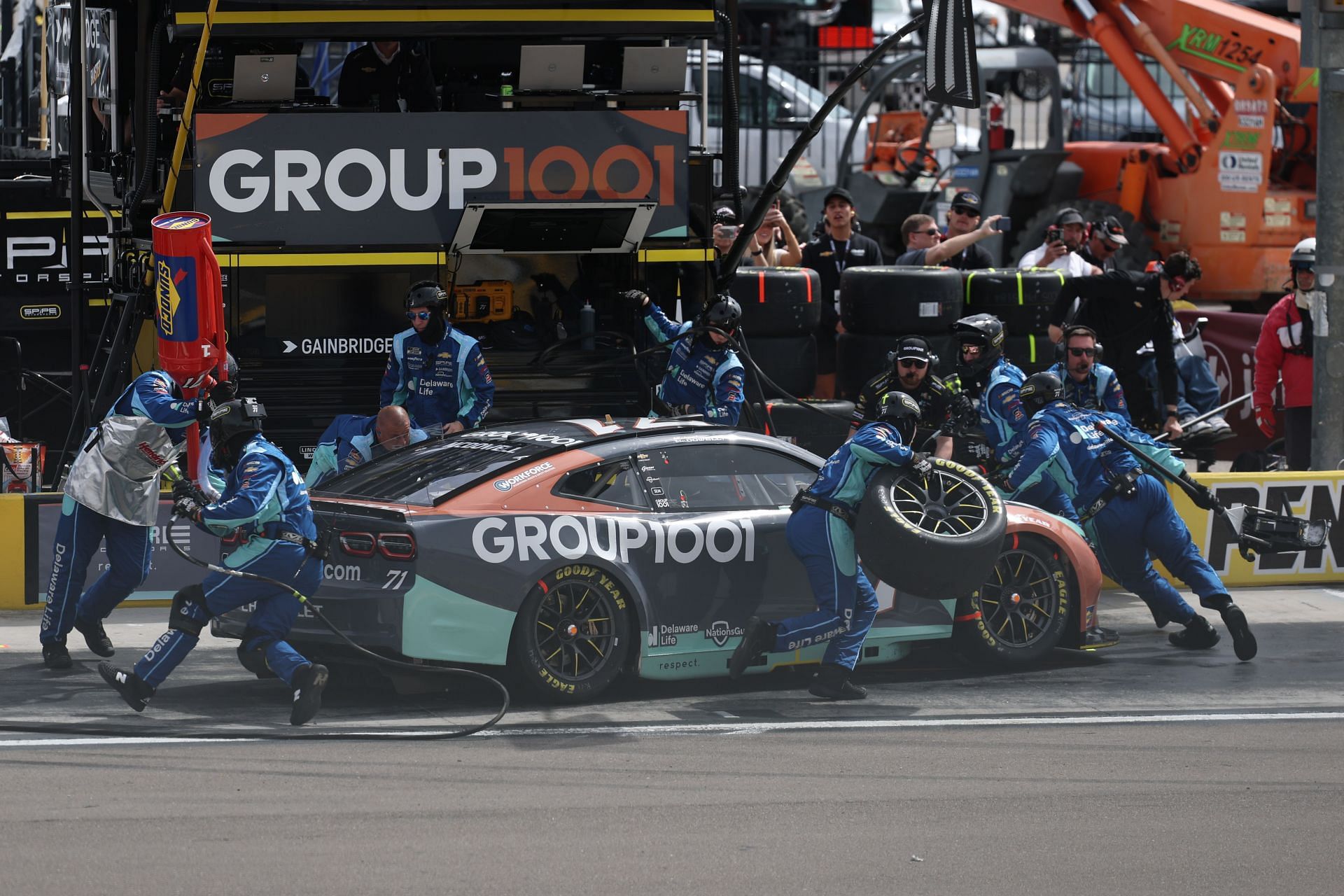 Michael McDowell, driver of the #71 Group 1001 Chevrolet, pits during the NASCAR Cup Series Pennzoil 400 at Las Vegas Motor Speedway - Source: Getty