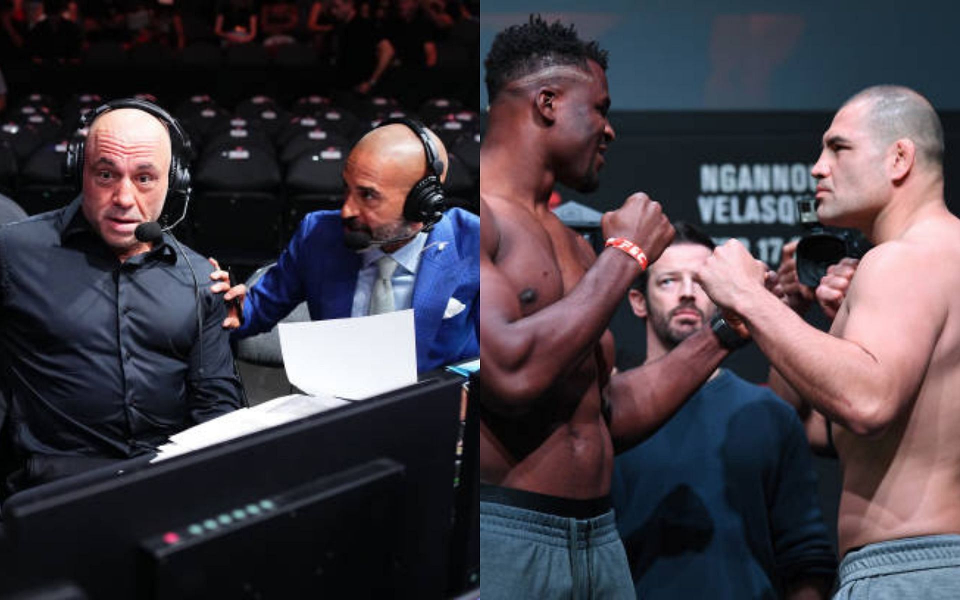 Joe Rogan (left) praises Jon Anik (left center) over Cain Velasquez (right) interview following Francis Ngannou (right center) loss [Image credits: Getty Images]