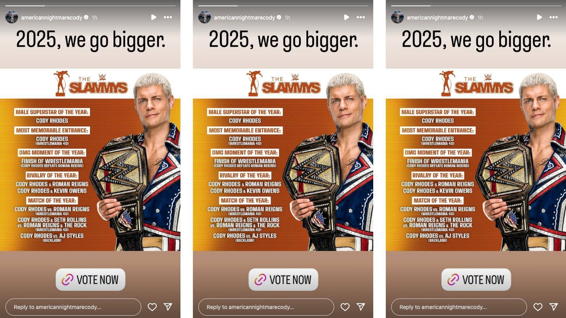 Rhodes reacted to his Slammy Award nominations on social media. [Image credit: Cody Rhodes&#039; Instagram story]