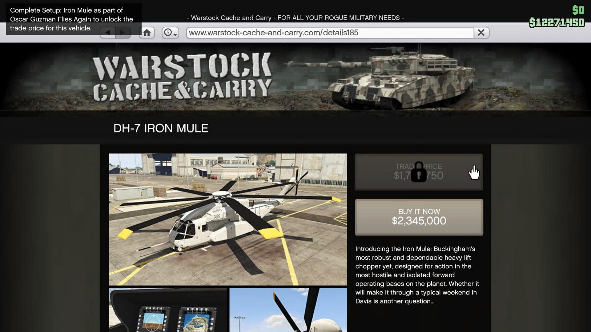 Buckingham DH-7 Iron Mule&#039;s page on Warstock Cache and Carry (Image via Rockstar Games)