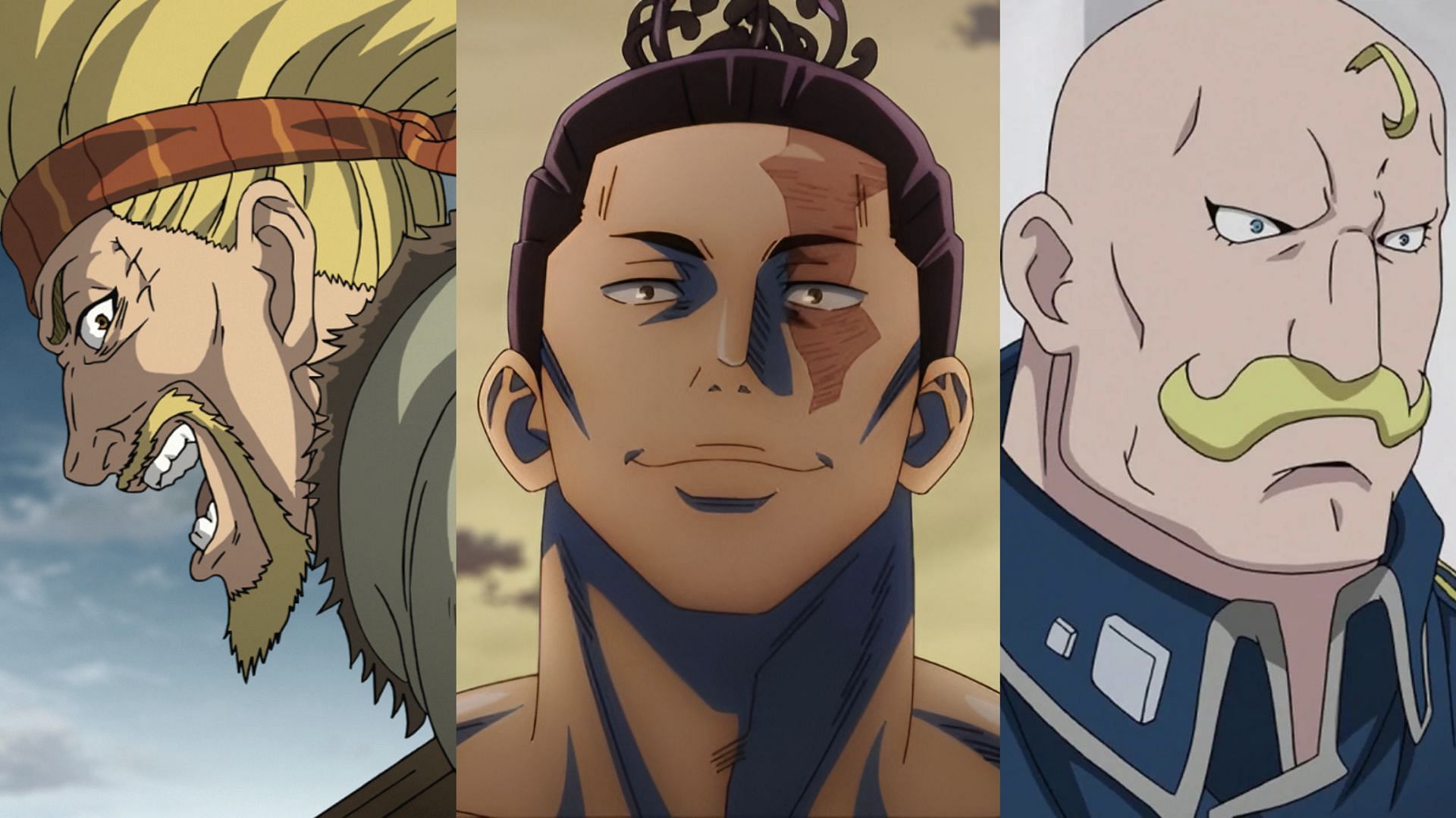 From left to right: Thorkell from Vinland Saga, Aoi Todo from Jujutsu Kaisen and Alex Louis Armstrong from FMA (Image via Studio MAPPA)