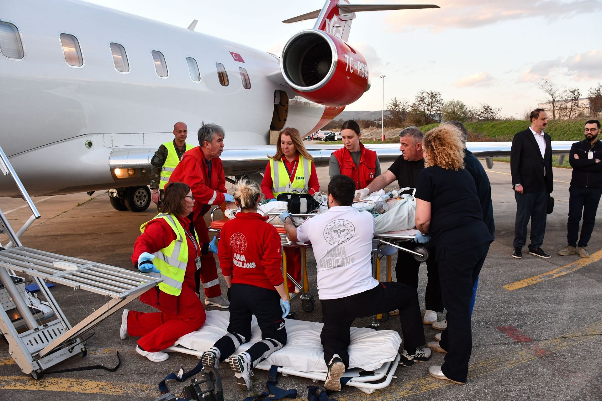 Turkish ambulance plane in Skopje to transport those injured from the fire in North Macedonia - Image via Getty