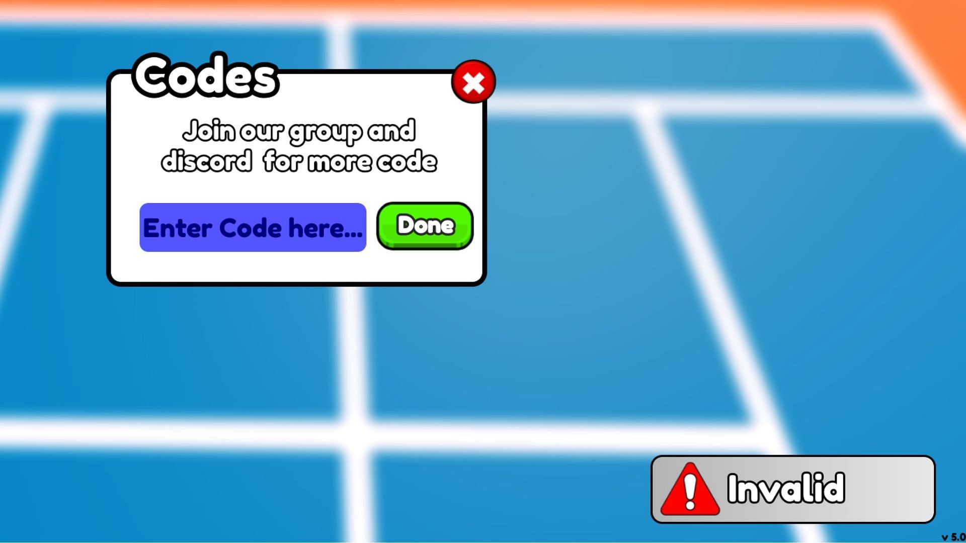 Tennis Simulator invalid code issue (Image via Roblox)