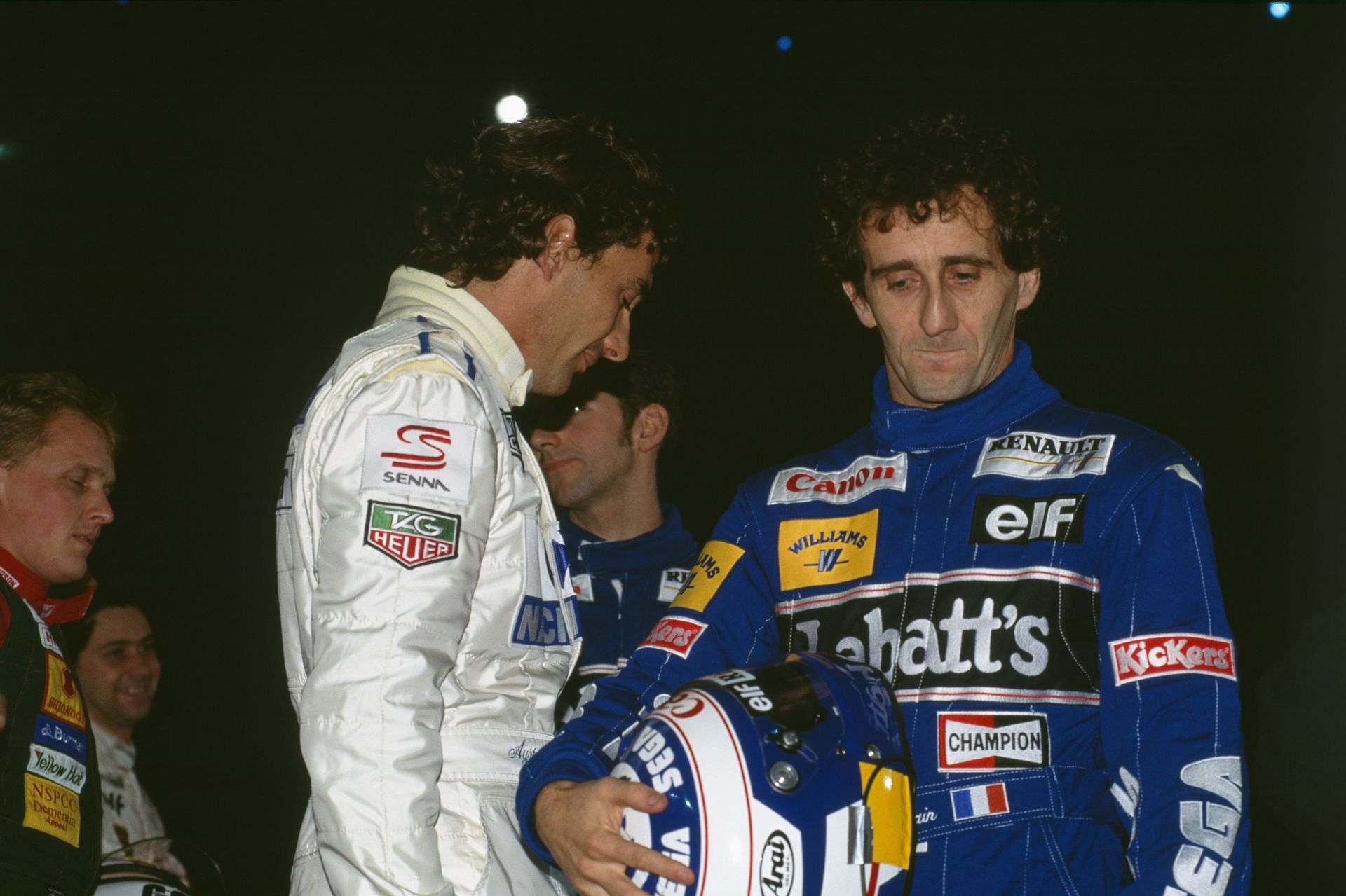 F1 legends and rivals Ayrton Senna and Alain Prost at the Elf Master Karting in Paris - Source: Getty