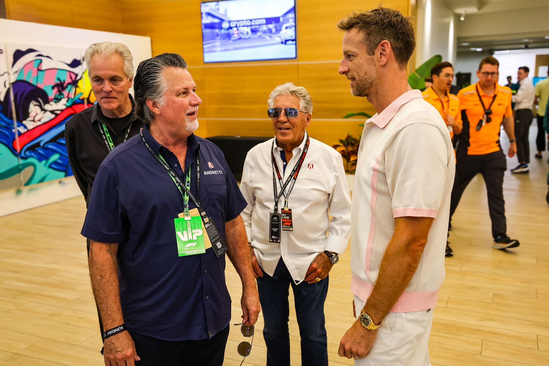 Michael Andretti with father Mario Andretti and Jenson Button at the F1 Grand Prix of Miami - Source: Getty