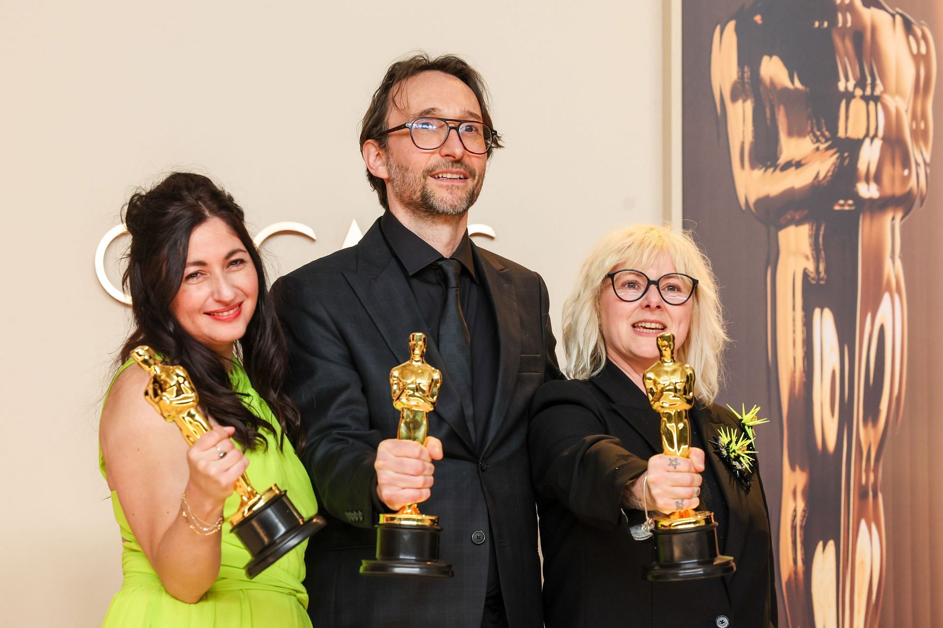 Marilyne Scarselli, Pierre-Oliver Persin and Stephanie Guillon for Makeup and Hairstyling, &quot;The Substance,&quot; in the press room at the 97th Academy Awards (Oscars) at the Dolby Theatre on March 2, 2025 in Los Angeles, CA. ( Image via Getty)