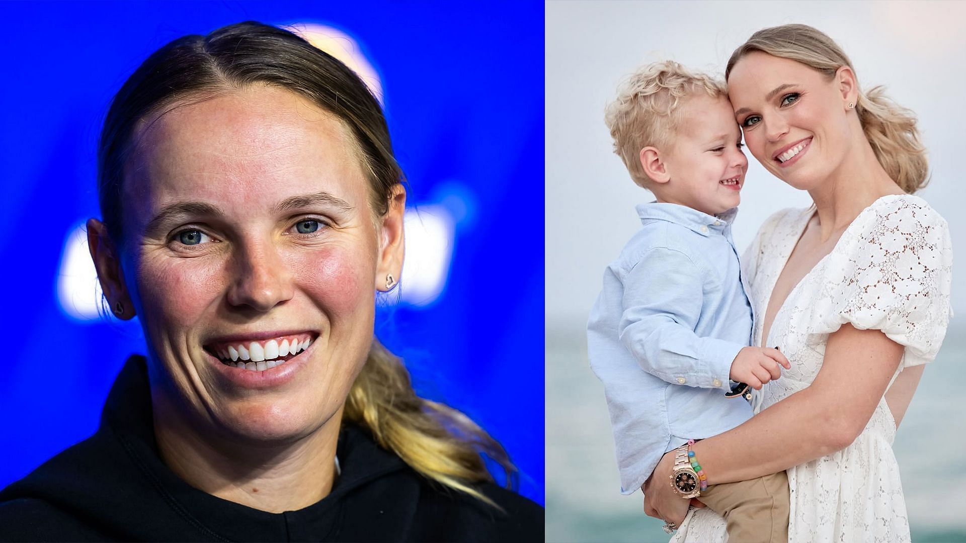 Caroline Wozniacki(left) and with son James(right). Images: Getty and @carowozniacki on Instagram