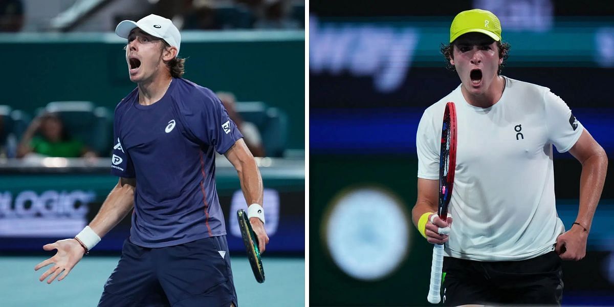 Alex de Minaur and Joao Fonseca in action at the Miami Open. Source: Getty