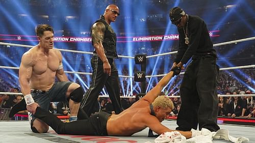 The Rock, John Cena, Cody Rhodes, and Travis Scott at Elimination Chamber. (Image credits: wwe.com)
