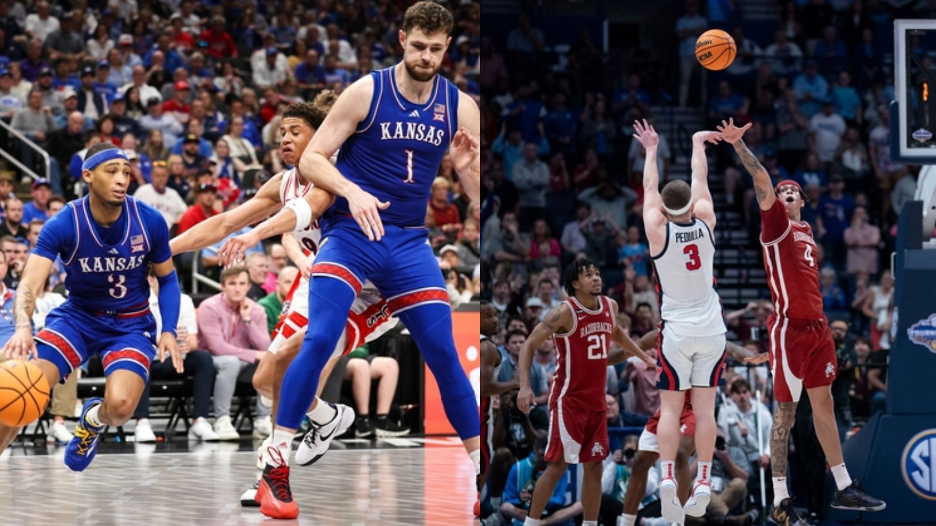 The Kansas Jayhawks and Arkansas Razorbacks teams