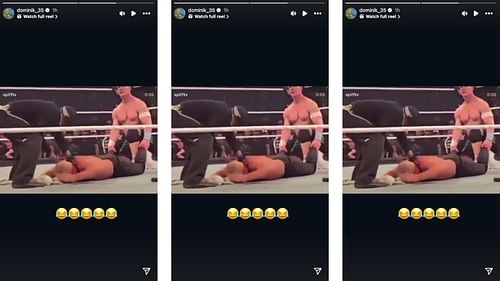 Mysterio reacts to Rhodes getting slapped by Travis Scott at Elimination Chamber. [Image credit: Screenshot from Dominik Mysterio's Instagram story]