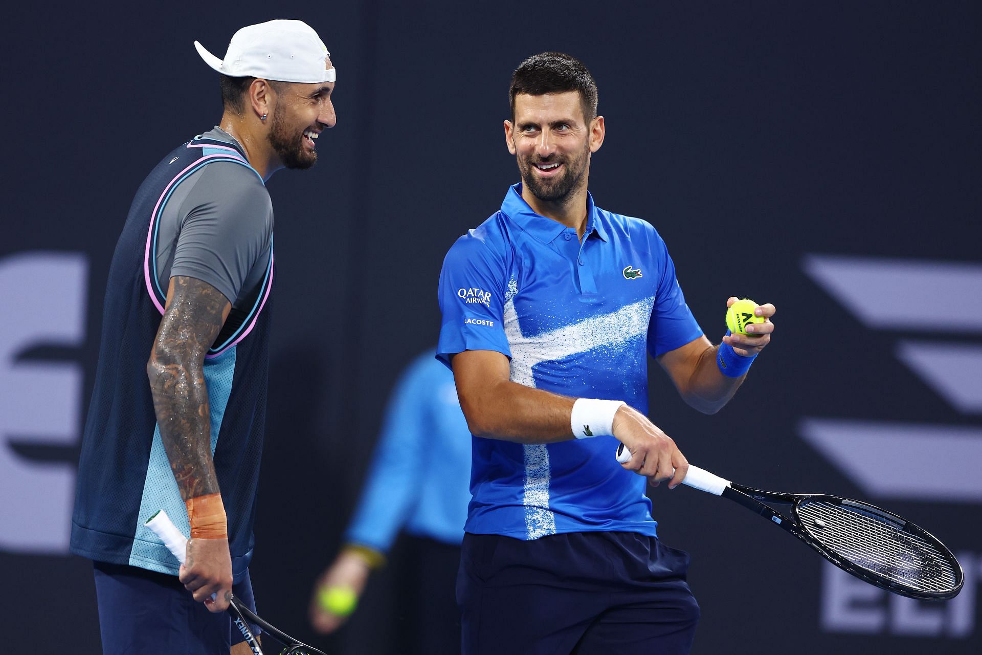 BRISBANE, AUSTRALIA - DECEMBER 30: Novak Djokovic and Nick Kyrgios talk tactics during the Men&#039;s Doubles match against Andreas Mies and Alexander Erler during day two of the 2025 Brisbane International - Source: Getty