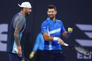 BRISBANE, AUSTRALIA - DECEMBER 30: Novak Djokovic and Nick Kyrgios talk tactics during the Men's Doubles match against Andreas Mies and Alexander Erler during day two of the 2025 Brisbane International - Source: Getty