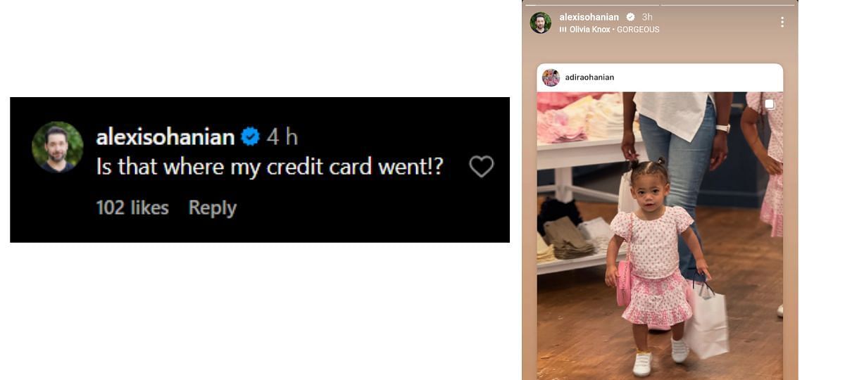 Screengrab of Alexis Ohanian&#039;s Instagram stories and his comment on daughter Adira River&#039;s Instagram post/@adiraohanian