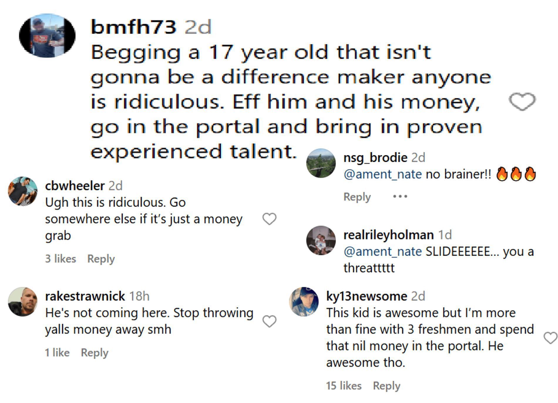 Fans comment on people trying to get Nate Ament to commit to Kentucky via Fanstake (Source: Instagram/ kentucky.hoops)