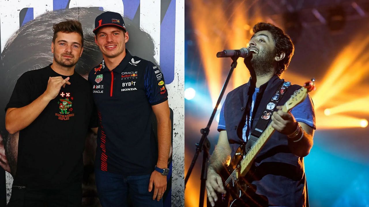 DJ Martin Garrix with Max Verstappen [L] Indian singer Arijit Singh [R] [Image Source: Getty]