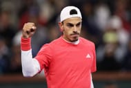Francisco Cerundolo of Argentina celebrates a point against Carlos Alcaraz of Spain in their Quarterfinal round match during the BNP Paribas Open - Source: Getty
